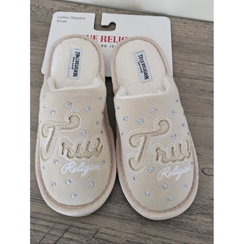 True Religion Embroidered Cream Slip-On Slippers Small 5